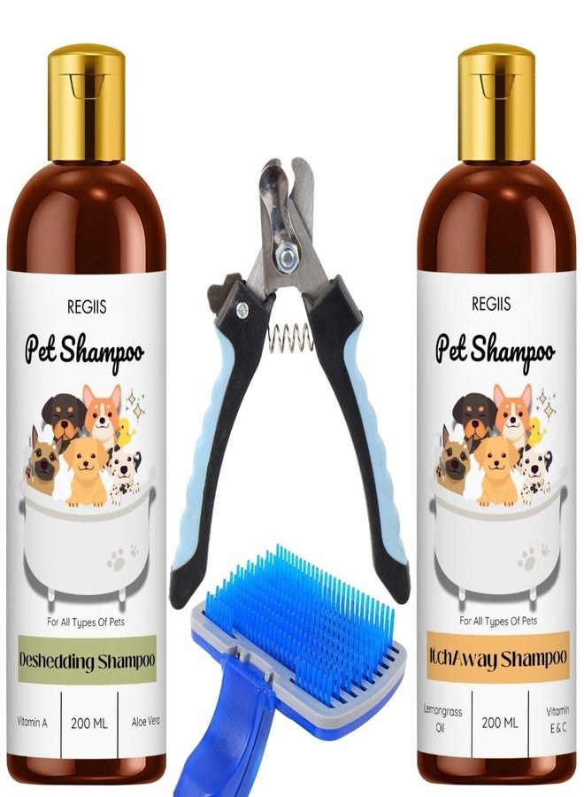 REGIIS Pet Grooming Kit with Deshedding and Itch Away Shampoo Set, 200ml Each, Professional Dog Brush, Nail Clipper for All Types of Pets(Pack of 4) - Image 1
